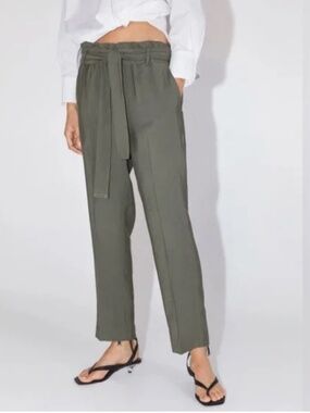 Zara Khaki Green Paper Bag High Waist Trouser Pants Size Large